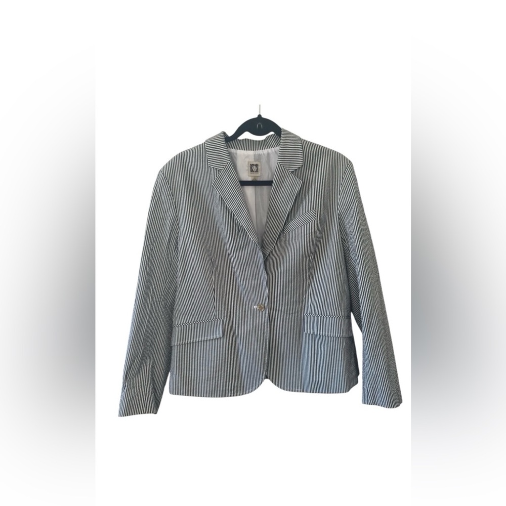 Anne Klein Navy and White Striped Seersucker Cotton Blazer With Liner